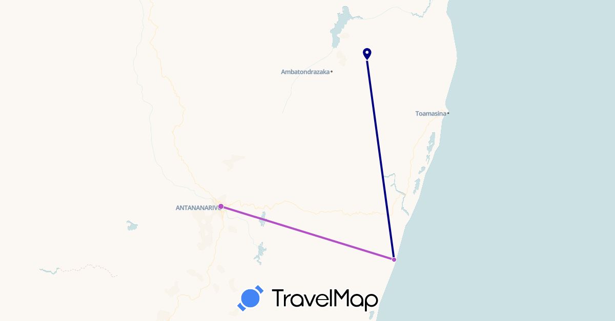 TravelMap itinerary: driving, train in Madagascar (Africa)